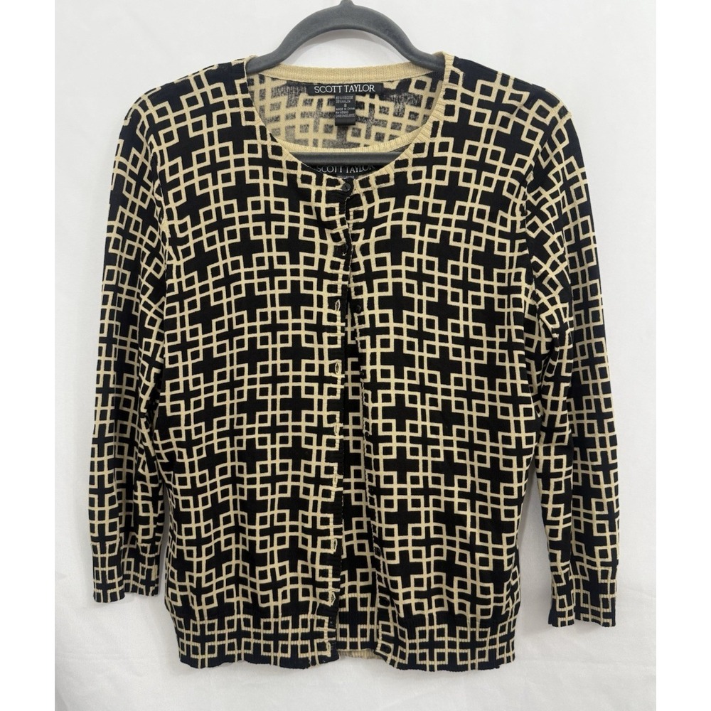 SCOTT TAYLOR Cardigan Tank Twinset Black Beige Geometric 2 Pc Womens Size S